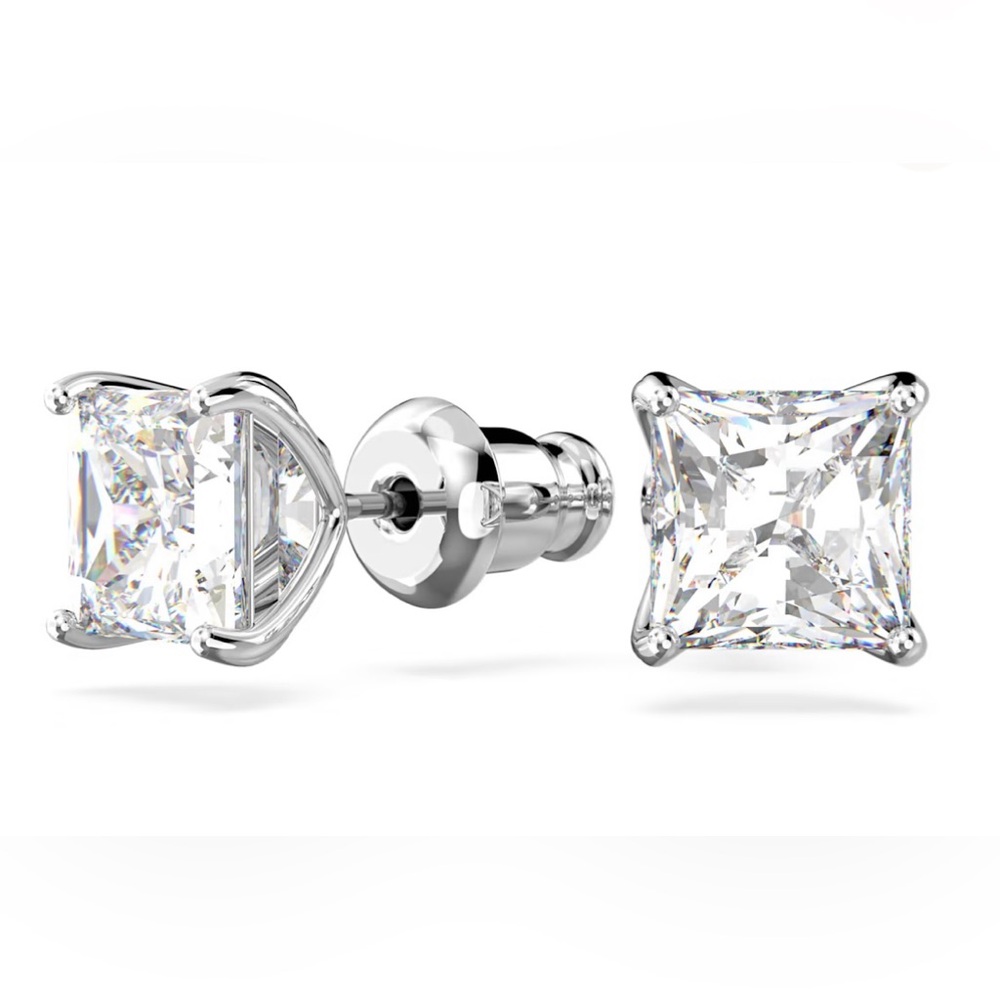 Swarovski Solitaire Stud Earrings | Square | Rhodium Plated | New | Swan Signed - Picture 1 of 9